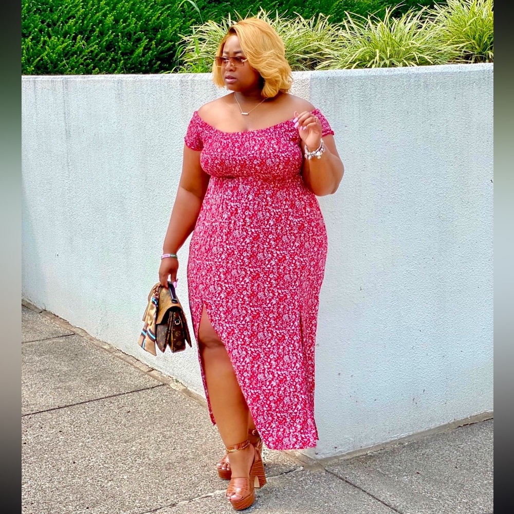 Floral Print Off Shoulder Split Thigh Dress— Size 2XL